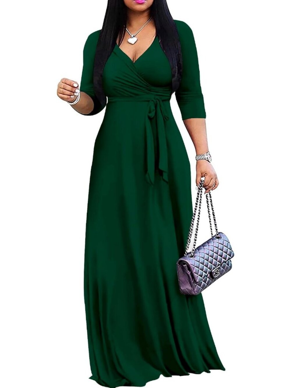 Plus Size Long Maxi Wrap Dress - Summer V-Neck Sundress with 3/4 Sleeves